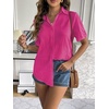 Zeagoo Women Linen Button Down Shirt Rolled Cuffed Short Sleeve Blouse Ladies Summer Casual V Neck Beach Cotton Tops(Hot Pink)