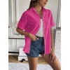 Zeagoo Women Linen Button Down Shirt Rolled Cuffed Short Sleeve Blouse Ladies Summer Casual V Neck Beach Cotton Tops(Hot Pink)