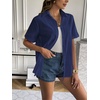 Zeagoo Women Linen Button Down Shirt Rolled Cuffed Short Sleeve Blouse Ladies Summer Casual V Neck Beach Cotton Tops(Navy)