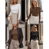 Zeagoo Women Long Sleeve Shirts Ribbed Slim Fit Tops Crewneck Basic Tee(Black+white+brown)