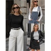 Zeagoo Women Long Sleeve Shirts Ribbed Slim Fit Tops Crewneck Basic Tee(Black+white+grey)