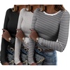 Zeagoo Women Long Sleeve Shirts Ribbed Slim Fit Tops Crewneck Basic Tee(Black+grey+black Stripe)