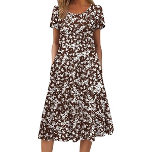 ZEAGOO Womens Casual Dresses for Summer Short Sleeve Flare Midi Dress Loose Flowy Beach Sundress(2601 Brown Floral)