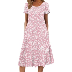 ZEAGOO Womens Casual Dresses for Summer Short Sleeve Flare Midi Dress Loose Flowy Beach Sundress(2601 Pink Floral)
