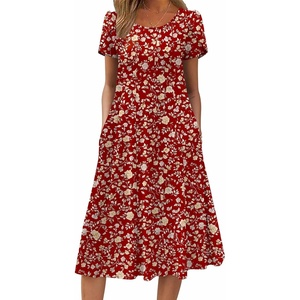 ZEAGOO Womens Casual Dresses for Summer Short Sleeve Flare Midi Dress Loose Flowy Beach Sundress(2601 Red Floral)