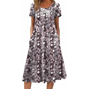 ZEAGOO Womens Casual Dresses for Summer Short Sleeve Flare Midi Dress Loose Flowy Beach Sundress(2602 Brown Flower)
