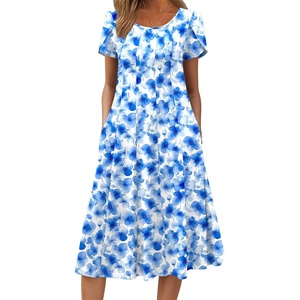 ZEAGOO Womens Casual Dresses for Summer Short Sleeve Flare Midi Dress Loose Flowy Beach Sundress(2602 Light Blue Floral)