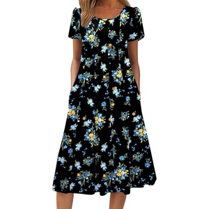 ZEAGOO Womens Casual Dresses for Summer Short Sleeve Flare Midi Dress Loose Flowy Beach Sundress(2602 Navy Flower)