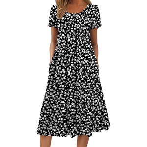 ZEAGOO Womens Casual Dresses for Summer Short Sleeve Flare Midi Dress Loose Flowy Beach Sundress(Black Flower 02)