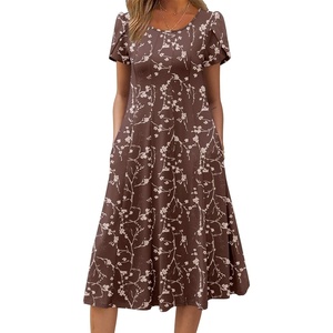 ZEAGOO Womens Casual Dresses for Summer Short Sleeve Flare Midi Dress Loose Flowy Beach Sundress(Brown Floral)