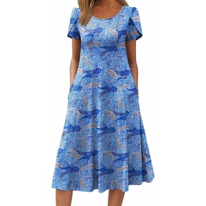 ZEAGOO Womens Casual Dresses for Summer Short Sleeve Flare Midi Dress Loose Flowy Beach Sundress(Cashew Blue Print)