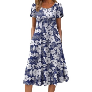 ZEAGOO Womens Casual Dresses for Summer Short Sleeve Flare Midi Dress Loose Flowy Beach Sundress(Deep Blue Flower)