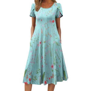ZEAGOO Womens Casual Dresses for Summer Short Sleeve Flare Midi Dress Loose Flowy Beach Sundress(Green Flower)