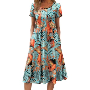 ZEAGOO Womens Casual Dresses for Summer Short Sleeve Flare Midi Dress Loose Flowy Beach Sundress(Leaf Print)