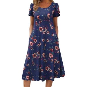 ZEAGOO Womens Casual Dresses for Summer Short Sleeve Flare Midi Dress Loose Flowy Beach Sundress(Navy Flower)