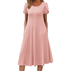 ZEAGOO Womens Casual Dresses for Summer Short Sleeve Flare Midi Dress Loose Flowy Beach Sundress(Pink Dot)
