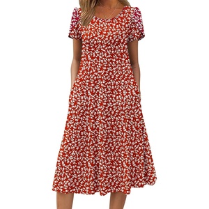 ZEAGOO Womens Casual Dresses for Summer Short Sleeve Flare Midi Dress Loose Flowy Beach Sundress(Red Floral 02)