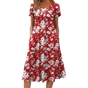 ZEAGOO Womens Casual Dresses for Summer Short Sleeve Flare Midi Dress Loose Flowy Beach Sundress(Red Flower)