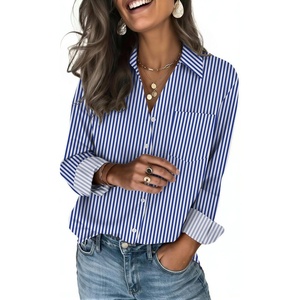 Zeagoo Blouses for Women Long Sleeve Dressy Casual Button Down Shirts(White Blue Striped)