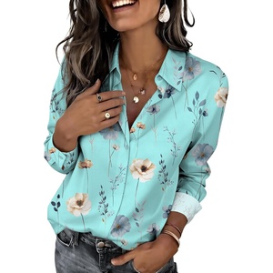 Zeagoo Button Down Shirts for Women Dressy Printed Long Sleeve Blouse(Blue Floral)
