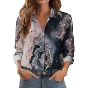 Zeagoo Button Down Shirts for Women Dressy Printed Long Sleeve Blouse(Khaki Marble Print)