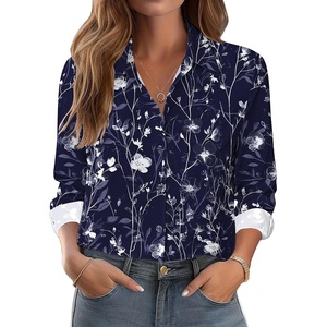 Zeagoo Button Down Shirts for Women Dressy Printed Long Sleeve Blouse(Navy White Floral)