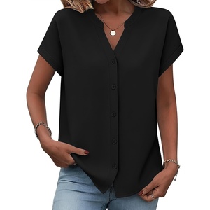 Zeagoo Button Down Shirts for Women Short Sleeve Tops V Neck Collar Blouses Business Casual Outfits(Black)