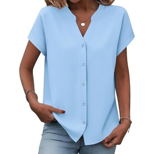 Zeagoo Button Down Shirts for Women Short Sleeve Tops V Neck Collar Blouses Business Casual Outfits(Light Blue)