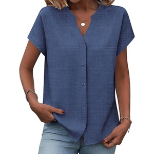 Zeagoo Button Down Shirts for Women Short Sleeve Tops V Neck Collar Blouses Business Casual Outfits(Navy Blue)