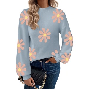 Zeagoo Sweaters for Women Fall Fashion 2025 Trendy Long Sleeve Turtleneck Pullover Lantern Knit Sweater Tops(Blue-flower)