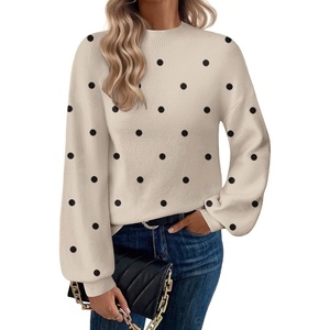 Zeagoo Sweaters for Women Fall Fashion 2025 Trendy Long Sleeve Turtleneck Pullover Lantern Knit Sweater Tops(Khaki Polka Dot)