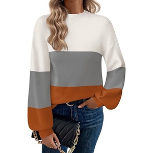 Zeagoo Sweaters for Women Fall Fashion 2025 Trendy Long Sleeve Turtleneck Pullover Lantern Knit Sweater Tops(Orange Striped)