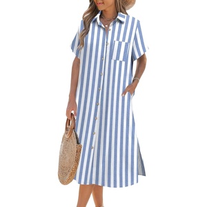 Zeagoo Women Dresses Summer Casual Short Sleeve Button Down Shirt Dresses 2026 Beach Cover Up with Pockets(Blue+white Stripe)