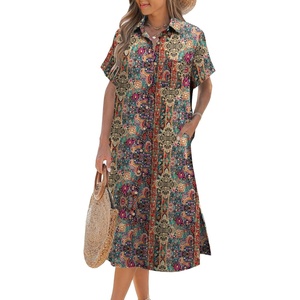 Zeagoo Women Dresses Summer Casual Short Sleeve Button Down Shirt Dresses 2026 Beach Cover Up with Pockets(Boho Print)