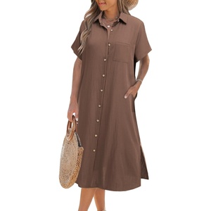 Zeagoo Women Dresses Summer Casual Short Sleeve Button Down Shirt Dresses 2026 Beach Cover Up with Pockets(Borwn)