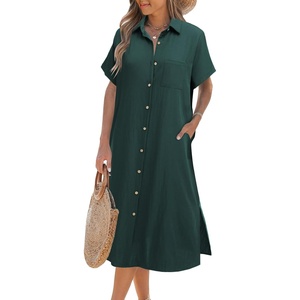 Zeagoo Women Dresses Summer Casual Short Sleeve Button Down Shirt Dresses 2026 Beach Cover Up with Pockets(Green)