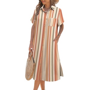 Zeagoo Women Dresses Summer Casual Short Sleeve Button Down Shirt Dresses 2026 Beach Cover Up with Pockets(Khaki Stripe)