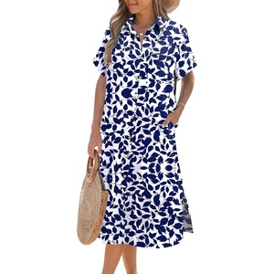 Zeagoo Women Dresses Summer Casual Short Sleeve Button Down Shirt Dresses 2026 Beach Cover Up with Pockets(Leaf Print)