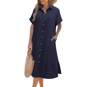 Zeagoo Women Dresses Summer Casual Short Sleeve Button Down Shirt Dresses 2026 Beach Cover Up with Pockets(Navy Blue)