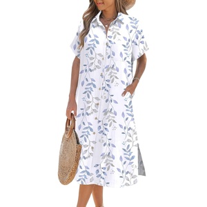 Zeagoo Women Dresses Summer Casual Short Sleeve Button Down Shirt Dresses 2026 Beach Cover Up with Pockets(White Print)