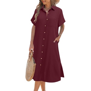 Zeagoo Women Dresses Summer Casual Short Sleeve Button Down Shirt Dresses 2026 Beach Cover Up with Pockets(Wine Red)