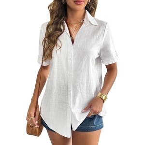 Zeagoo Women Linen Button Down Shirt Rolled Cuffed Short Sleeve Blouse Ladies Summer Casual V Neck Beach Cotton Tops(Aa-white)