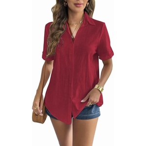 Zeagoo Women Linen Button Down Shirt Rolled Cuffed Short Sleeve Blouse Ladies Summer Casual V Neck Beach Cotton Tops(Bordeaux Red)