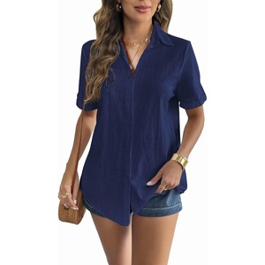 Zeagoo Women Linen Button Down Shirt Rolled Cuffed Short Sleeve Blouse Ladies Summer Casual V Neck Beach Cotton Tops(Navy)