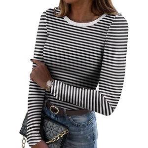 Zeagoo Women Long Sleeve Shirts Ribbed Slim Fit Tops Crewneck Basic Tee(Black Stripe)