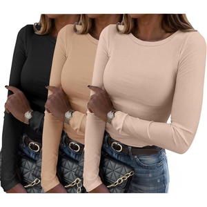 Zeagoo Women Long Sleeve Shirts Ribbed Slim Fit Tops Crewneck Basic Tee(Black+beige+coffee Grey)