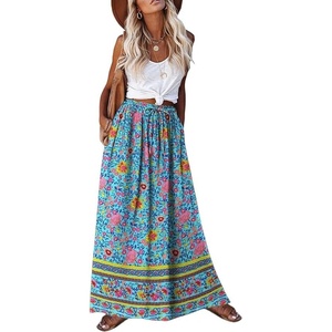 Zeagoo Women’s 2026 Boho Floral Skirt Casual Elastic High Waist Maxi Skirts Flowy A Line Beach Long Skirt with Side Pockets(Blue Boho)