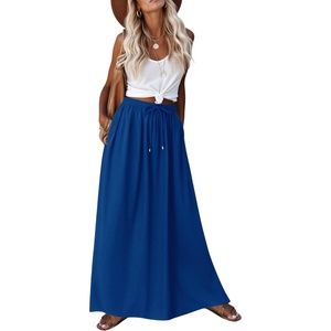 Zeagoo Women’s 2026 Boho Floral Skirt Casual Elastic High Waist Maxi Skirts Flowy A Line Beach Long Skirt with Side Pockets(Blue Color)