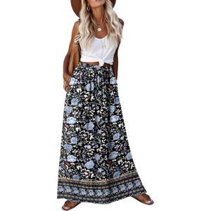 Zeagoo Women’s 2026 Boho Floral Skirt Casual Elastic High Waist Maxi Skirts Flowy A Line Beach Long Skirt with Side Pockets(Bohemian Navy)