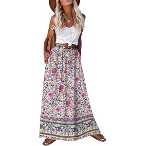 Zeagoo Women’s 2026 Boho Floral Skirt Casual Elastic High Waist Maxi Skirts Flowy A Line Beach Long Skirt with Side Pockets(Boho Purple Flower)